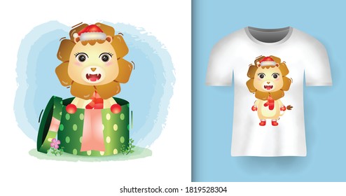 cute lion christmas characters using santa hat and scarf in the gift box with t-shirt design