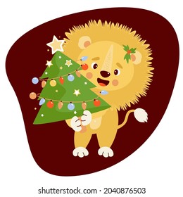 Cute lion with Christmas tree. Vector illustration. New Year character for design, decor, greeting cards For kids collection and print