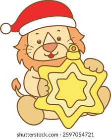 Cute Lion christmas vector icon. Funny baby Lion animal series christmas illustration.
baby Santa lion bring a yellow stars decoration
