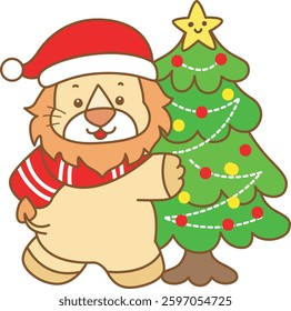 Cute Lion christmas vector icon. Funny baby Lion animal series christmas illustration.
baby Santa lion with Christmas tree
