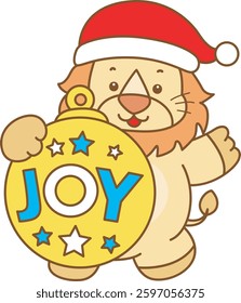 Cute Lion christmas vector icon. Funny baby Lion animal series christmas illustration.
baby Santa lion with Joy decoration
