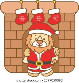 Cute Lion christmas vector icon. Funny baby Lion animal series christmas illustration.
baby Santa lion arrive in the fire place
