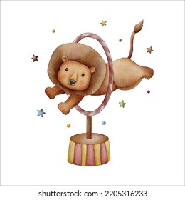 cute lion circus carnival watercolor illustration with isolated background for kids and baby