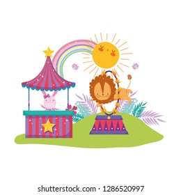 cute lion circus jumping fire ring