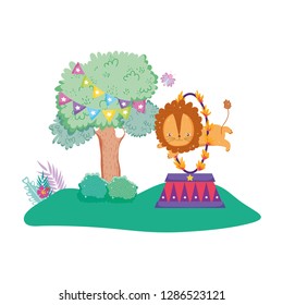 cute lion circus jumping fire ring