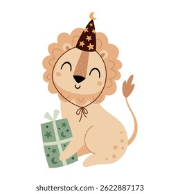 Cute lion clipart, isolated Birthday character. Jungle, safari, tropical animal hand drawn vector illustration in flat style for greeting card, invitation, education, prints