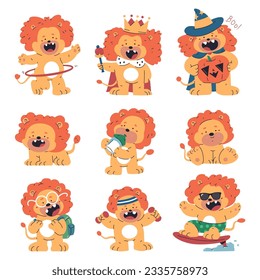 Cute lion clipart vector cartoon characters set isolated on a white background.