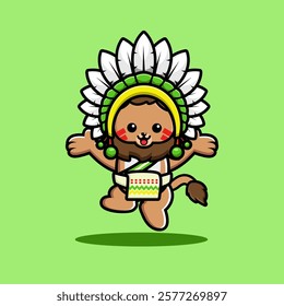 A cute lion in a colorful headdress and sash, jumping joyfully on a green background.