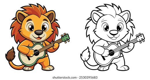 Cute Lion Coloring Page For Kids. Lion Coloring Printable. Cute Lion Plays Guitar Cartoon Illustration Vector Design On White Background