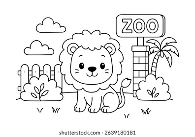 Cute lion coloring page at the zoo entrance, perfect for kids coloring books, early learning materials, and fun zoo themed activities.