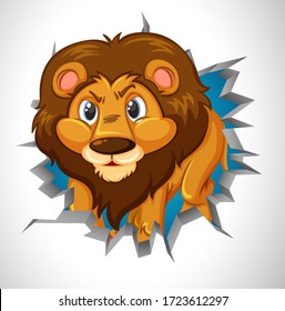 Cute lion coming out of cracked wall illustration