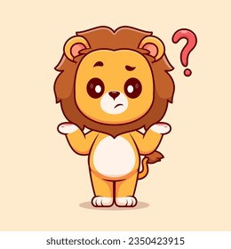 Cute Lion Confused Cartoon Vector Icon Illustration. Animal Nature Icon Concept Isolated Premium Vector. Flat Cartoon Style