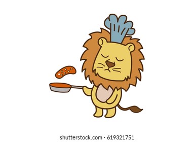 Cute Lion cooking bacon. Vector Illustration. Isolated on white background.