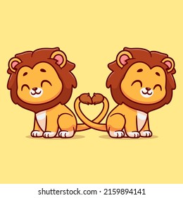 Cute Lion Couple With Love Heart Tail Cartoon Vector Icon Illustration. Animal Nature Icon Concept Isolated Premium Vector. Flat Cartoon Style