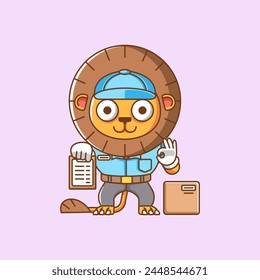 Lindo león mensajero paquete entrega animal chibi personaje mascota icono línea plana estilo de arte ilustración concepto conjunto de dibujos animados