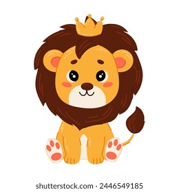 Cute lion in a crown. Lion in flat style. King. Cute baby character. Wild animals.