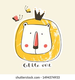 cute lion with crown. Hand drawn vector illustration.