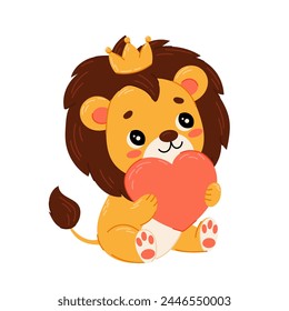 Cute lion in a crown with a heart in his paws. Lion in flat style. King. Cute baby print. Wild animals.