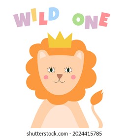  Cute Lion In Crown. Lovely Cartoon Animal Character. Wild One. Template For Birthday Party Invitation, Greeting Card, Print. Isolated Vector Illustration