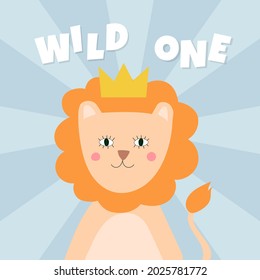  Cute Lion In Crown. Lovely Cartoon Animal Character. Wild One. Blue Sunburst Background. Template For Birthday Party Invitation, Greeting Card, Print. Vector Illustration