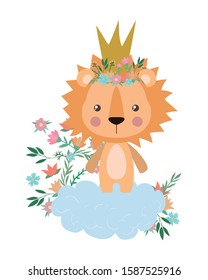 Cute lion with crown over cloud design, Animal zoo life nature character childhood and adorable theme Vector illustration