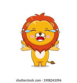 Cute Lion crying. Vector illustration of chibi character isolated on white background.