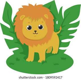 Cute lion cub among plants.