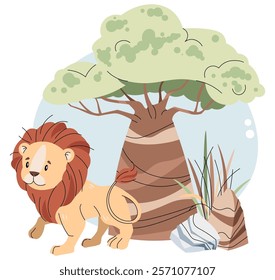 Cute lion cub with baobab and stones on white background. Vector illustration of african animal for children's card, sticker, print, etc.