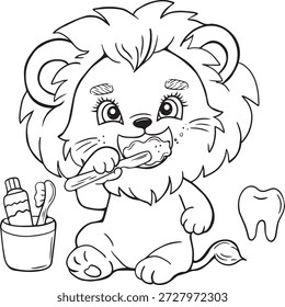  Cute lion cub brushing its teeth cartoon vector illustration