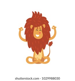 Cute lion cub cartoon character meditating in lotus position vector Illustration on a white background