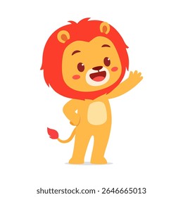 Cute Lion Cub Cartoon Character Waving Hello with Smiling Face