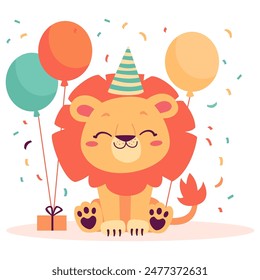 Cute lion cub celebrates his birthday, presents balloons and a birthday cap. Flat vector illustration on white background 