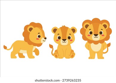Cute Lion Cub Character Set with Orange Mane, Kawaii Baby Lion Mascot Collection, Adorable King of Forest Animal Vector Illustration for Nursery