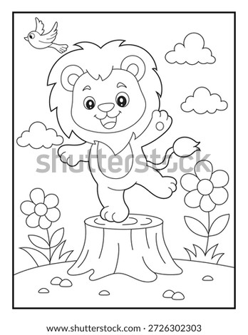 Cute Lion Cub Coloring Page for Kids.  Happy Cartoon Lion Balancing on Tree Stump with Bird and Flowers. Black and white wildlife line art for children