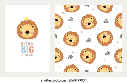 Un cachorro de león en una corona y un patrón simple. Letras dibujadas a mano Sueño pequeño. Ilustración infantil vectorial para postales, carteles, aplicación sobre tela, papel, habitación infantil d