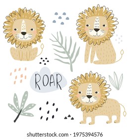 Cute lion cub with decorative elements to create seamless patterns on a white background . Vector illustration for printing on fabric, packaging paper, postcard, poster. Cute baby background