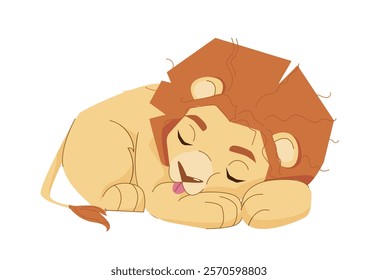 Cute lion cub with a fluffy mane sleeping peacefully, tongue sticking out, on a white background. Creative concept of animal rest. Vector illustration