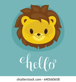 Cute lion cub head. Lettering "Hello". Vector illustration