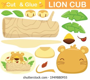 Cute lion cub hiding on tree trunk. Education paper game for children. Cutout and gluing. Vector cartoon illustration