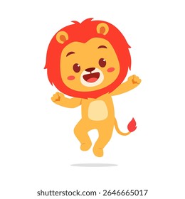 Puxando de leão bonito com alegria e felicidade na ilustração estilo desenho animado com traçado de recorte