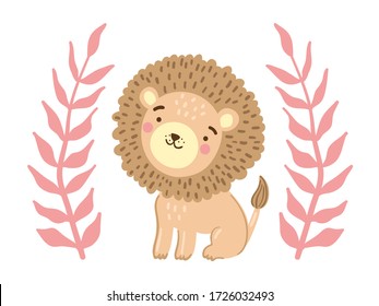 Cute lion cub with pink jungle leaves on white background. Children vector character 
