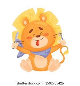 Cute lion cub is ready for dinner. Vector illustration on a white background.