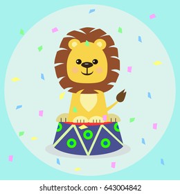 Cute lion cub sitting on a curbstone in a circus, against a background of falling candy.
Cute lion cub sitting on a curbstone in a circus/A lion cub on a curbstone in a circus.
