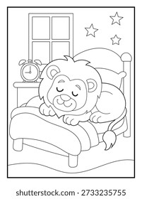 Cute Lion Cub Sleeping in Bed Coloring Page for Kids. Cozy Bedroom Background with Alarm Clock and Stars. Hand Drawn Vector Illustration