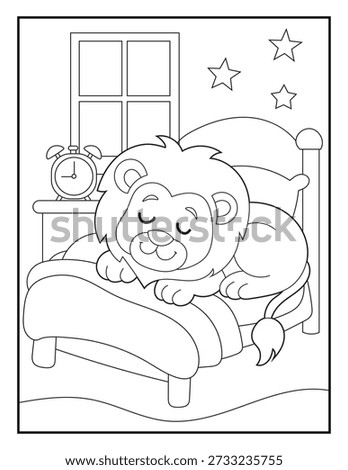 Cute Lion Cub Sleeping in Bed Coloring Page for Kids. Cozy Bedroom Background with Alarm Clock and Stars. Hand Drawn Vector Illustration