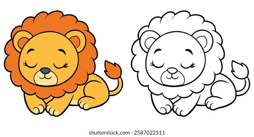 Cute Lion Cub Sleeping Cartoon Coloring Book For Kids Printable Outline Vector