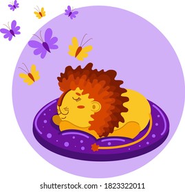 Cute lion cub is sleeping with nice dreams. Funny cartoon character, colorful vector illustration, idea for design kids room, clothes, ect