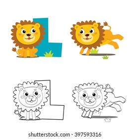 Cute lion cub.Coloring book with lion. 
Illustrated alphabet letter L with lion.