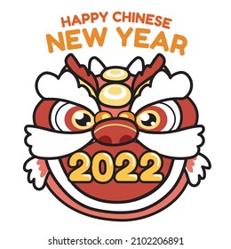 Cute lion dance head and happy chinese new year 2022 text Cartoon character design White background Asian festival Kawaii Vector Illustration 