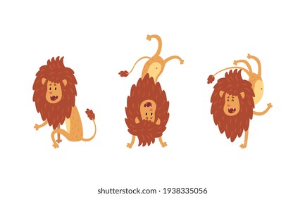 Cute Lion in Different Actions Set, Funny Cheerful African Humanized Animal Character in Various Poses Cartoon Vector Illustration